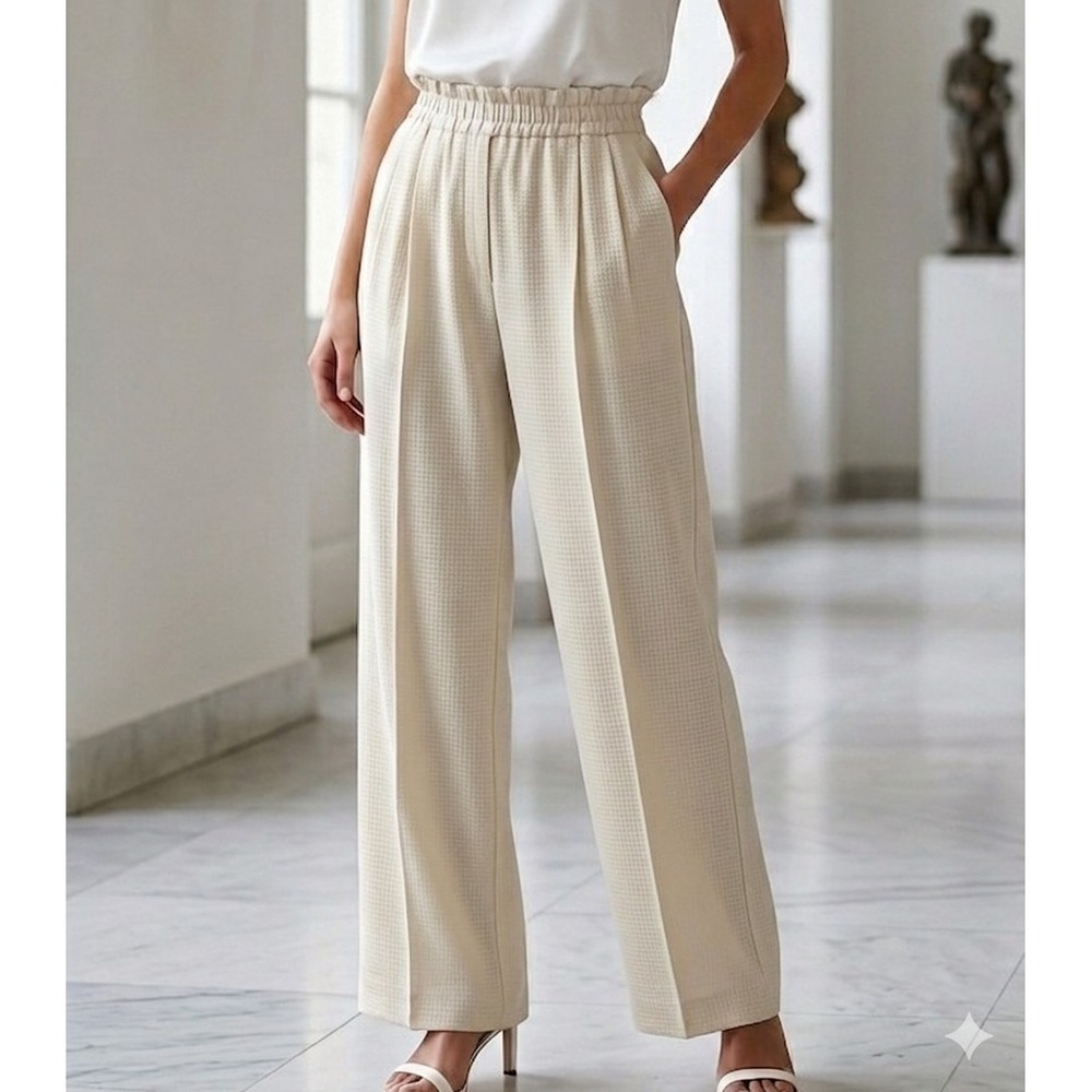 Vtg Emanuel Ungaro 4/38 Cream‎ & Beige Checkered Pants Wide Leg Paperbag Waist